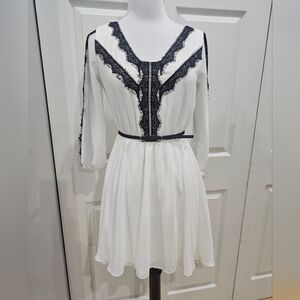My Michelle Causal White Black Lace Flowy High Low V Neck Sleeved Belted Dress S